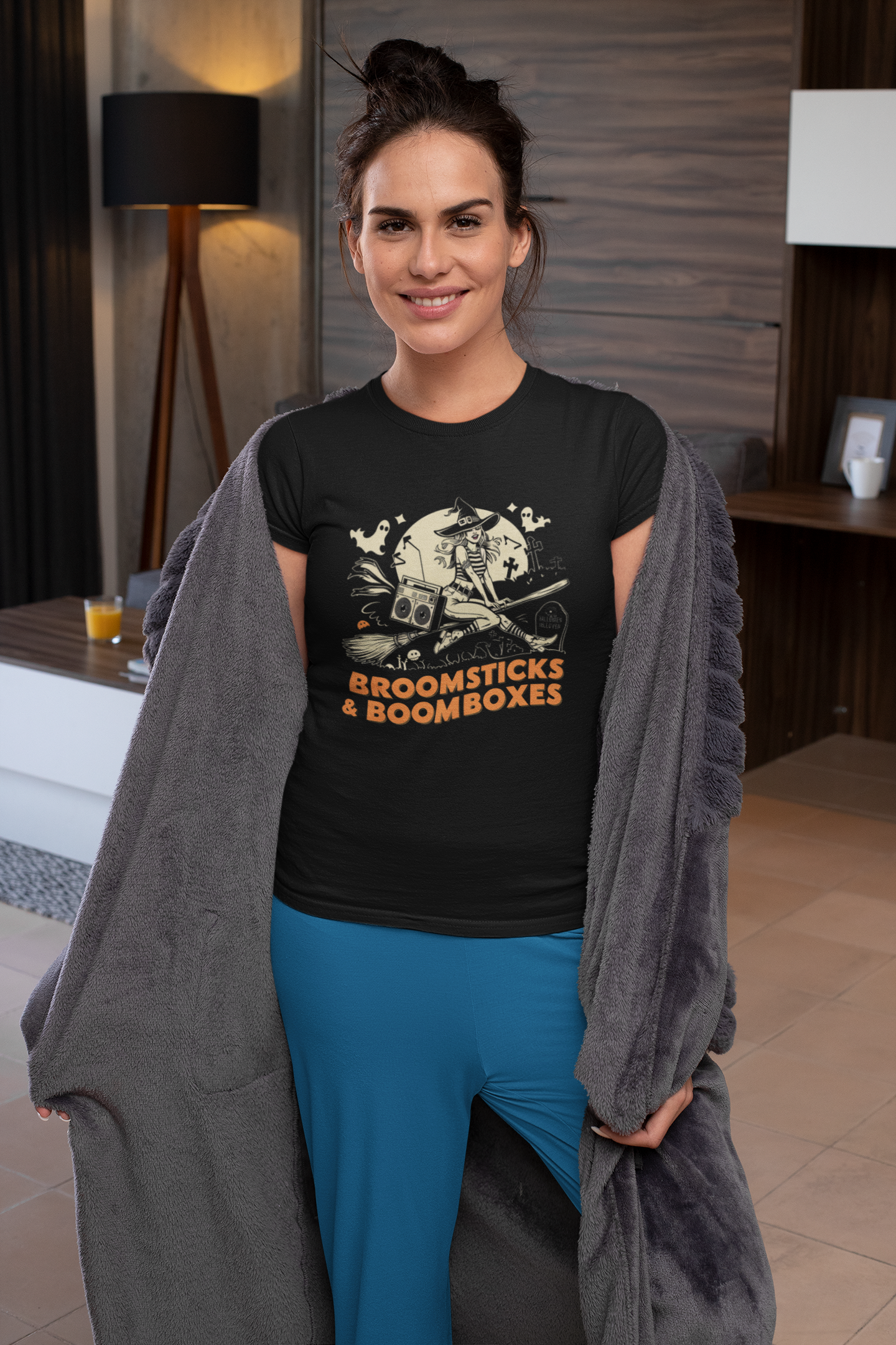Retro Broomsticks & Boomboxes Witch Tee