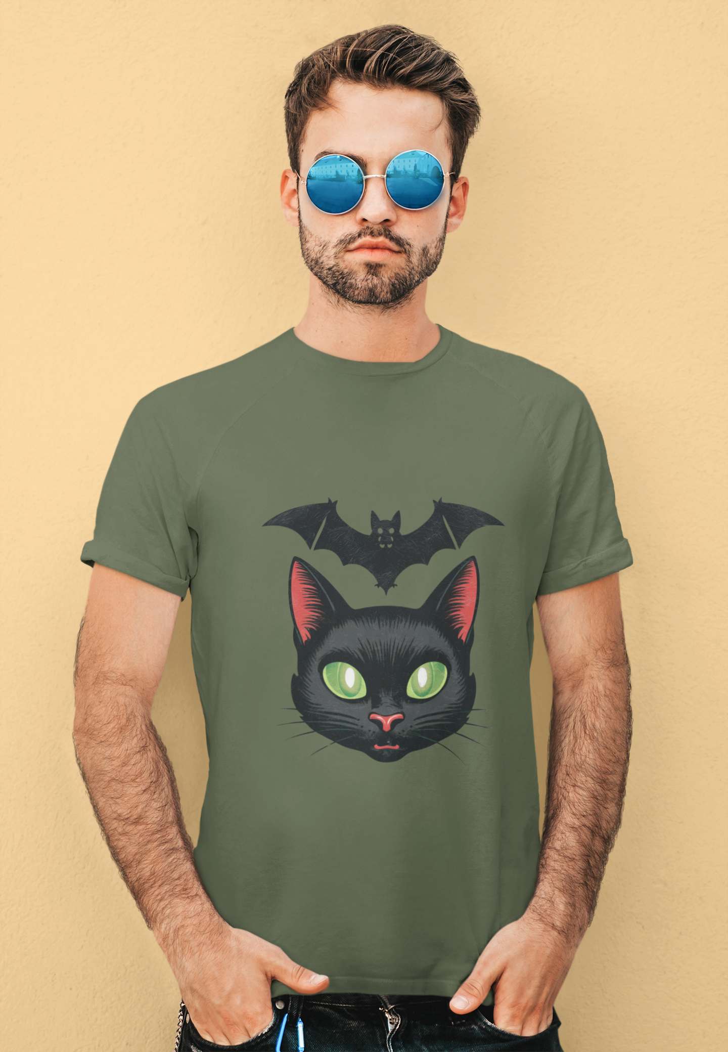 Retro Cat and Bat Halloween Tee