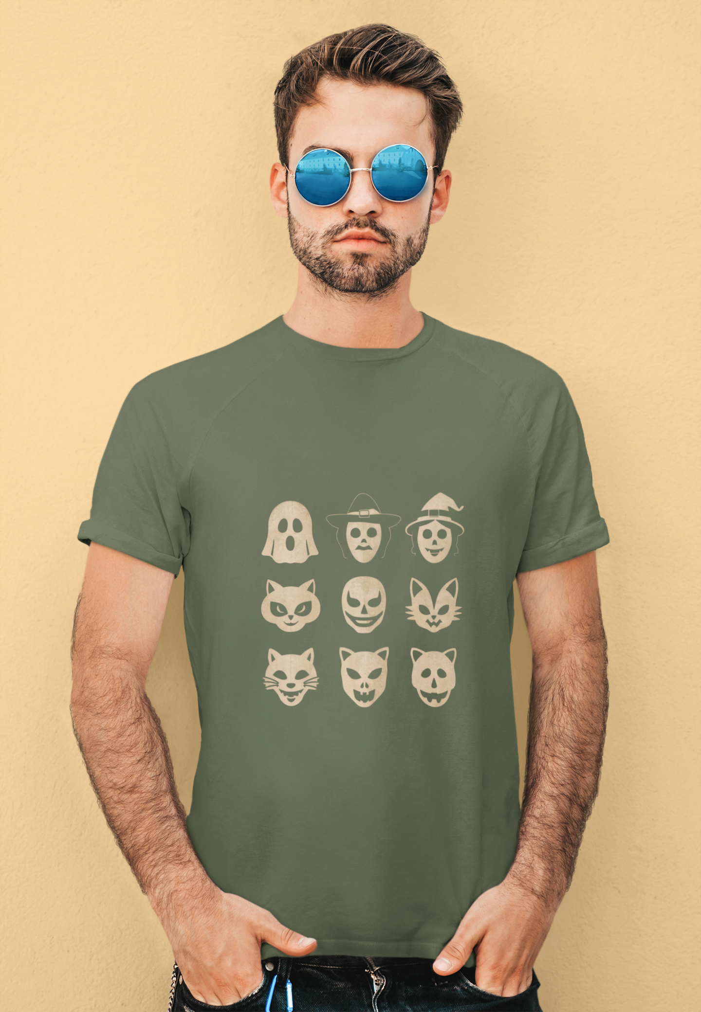 Retro Halloween Mask Grid Tee