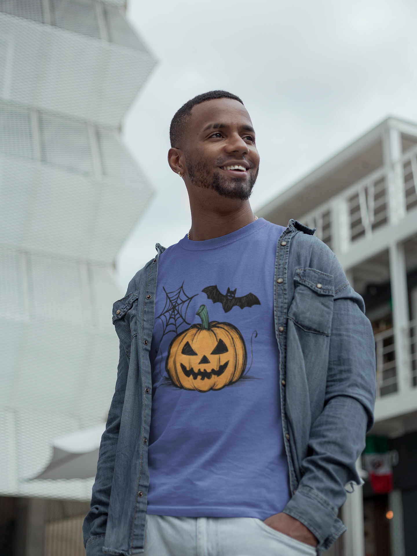 Retro Halloween Pumpkin Bat Web Tee