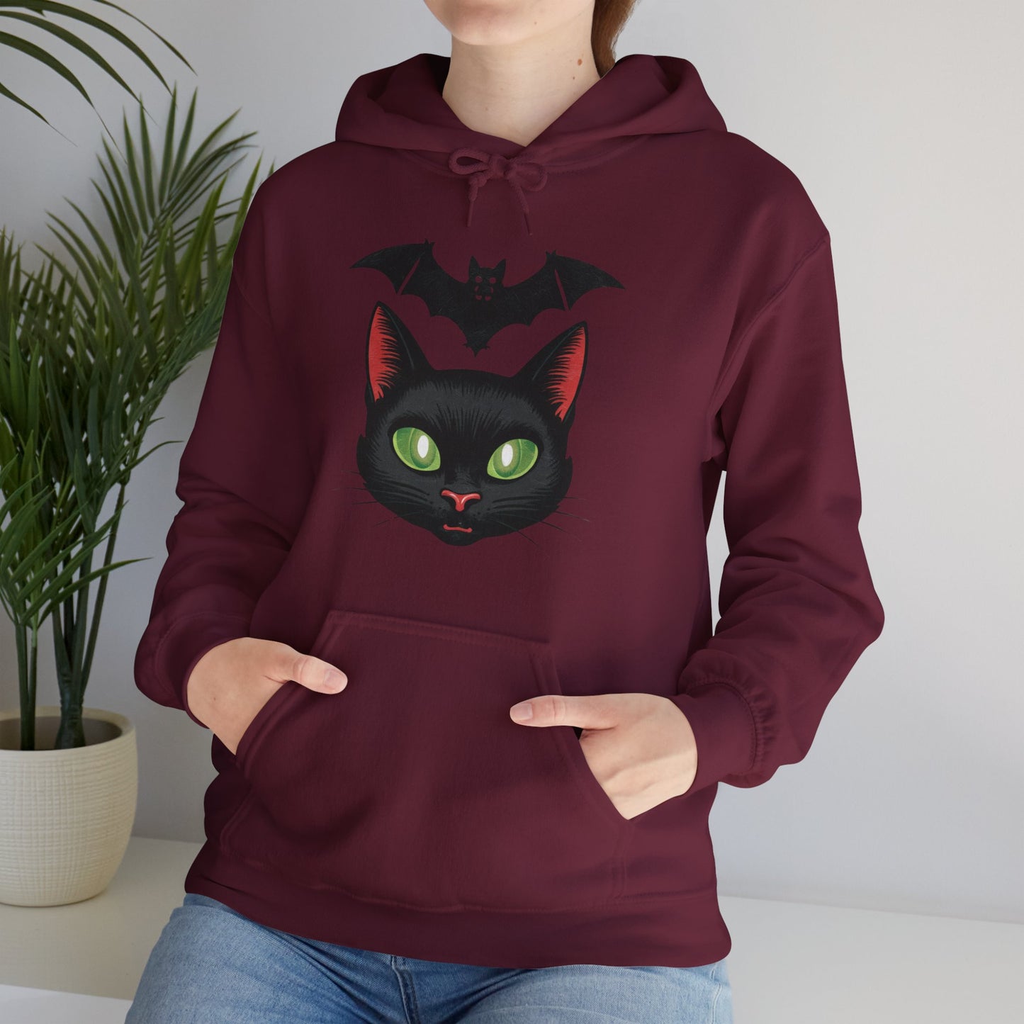 Retro Cat and Bat Halloween Hoodie