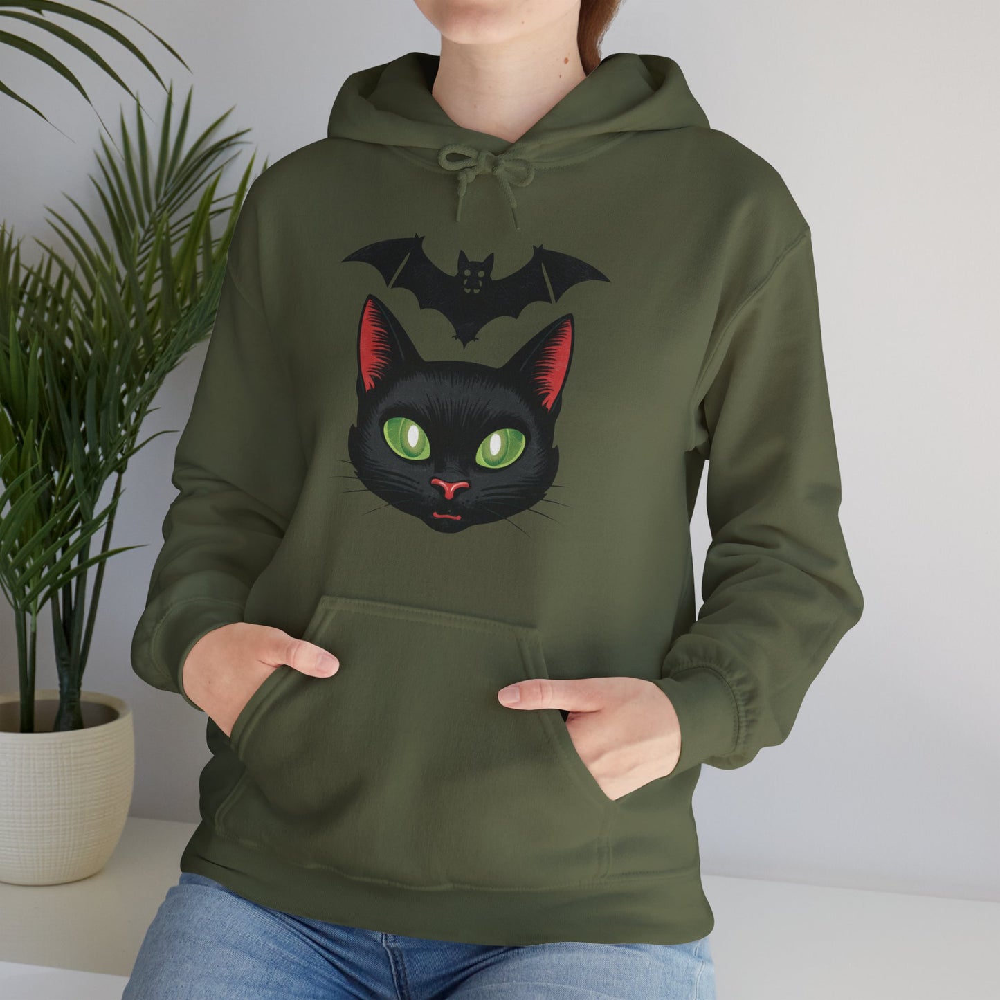 Retro Cat and Bat Halloween Hoodie