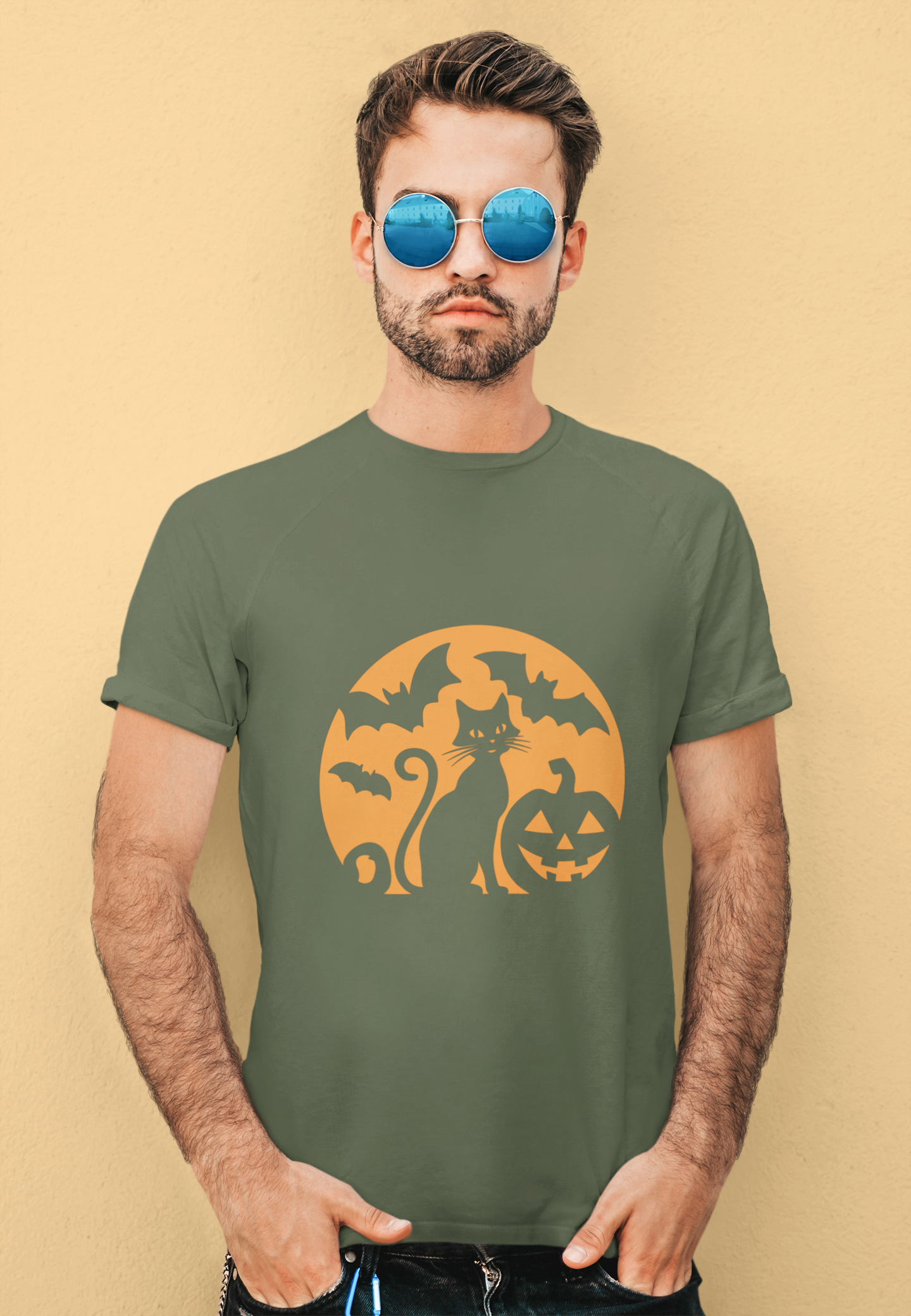 Retro Halloween Cat & Bats Tee