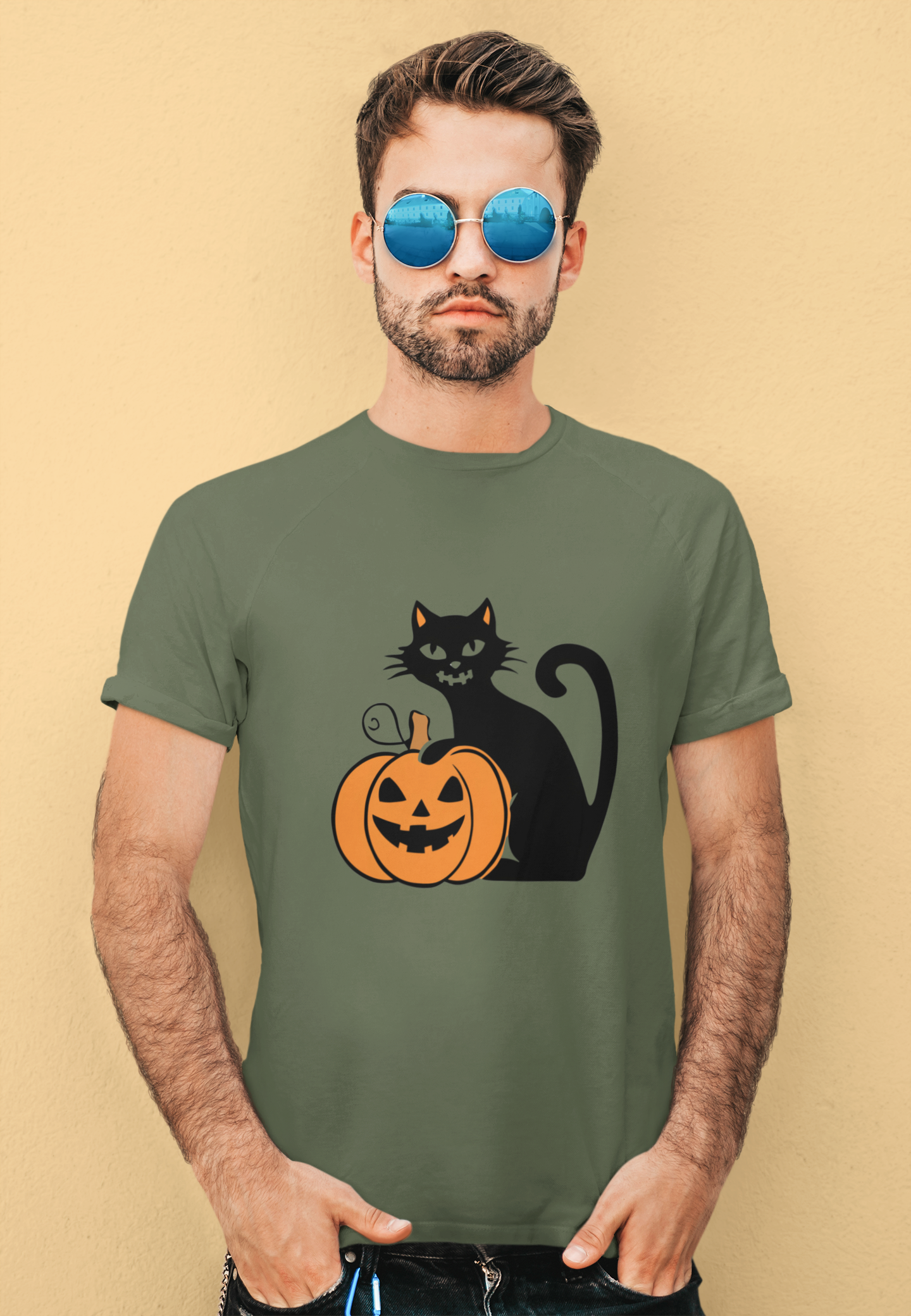 Retro Halloween Cat and Pumpkin Tee