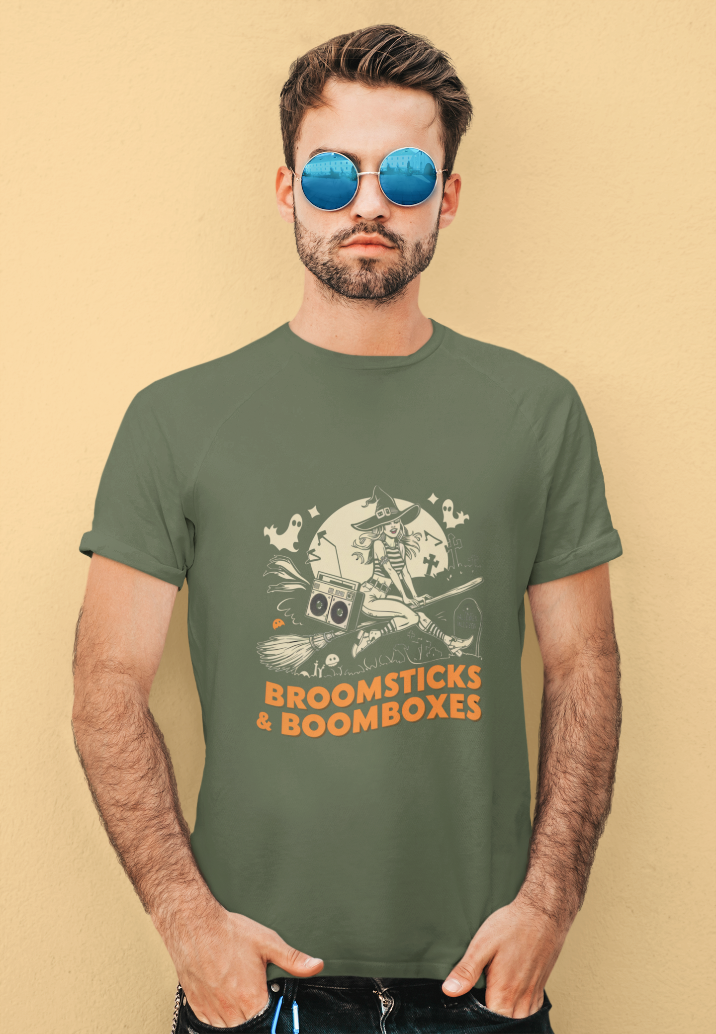 Retro Broomsticks & Boomboxes Witch Tee