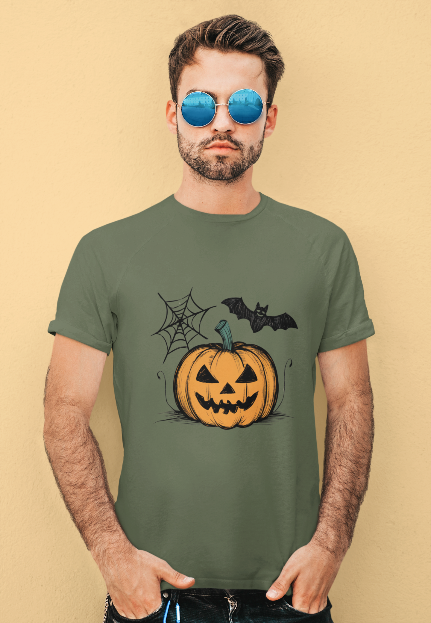 Retro Halloween Pumpkin Bat Web Tee