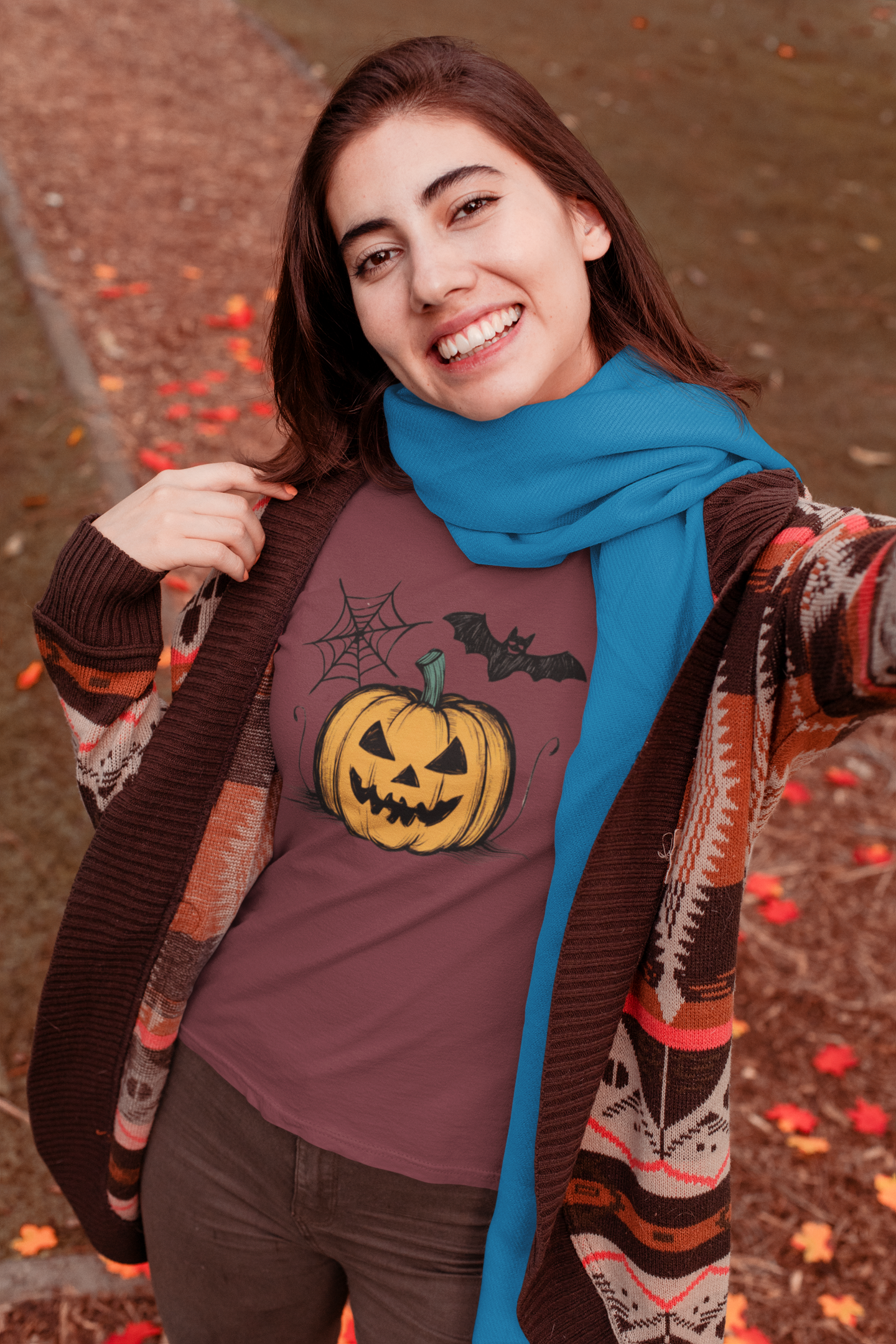 Retro Halloween Pumpkin Bat Web Tee